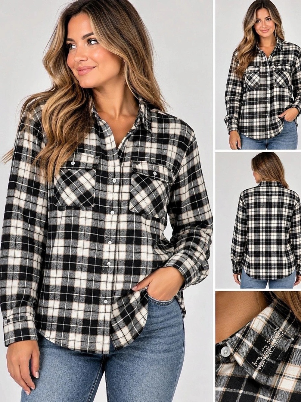 bebe Plaid Rhinestone Collar Flannel Shirt Black & White Medium